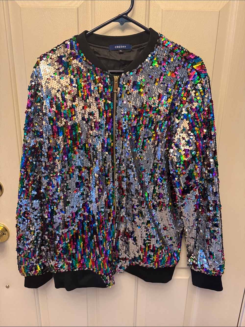 RESA Multicolor Sequin Zip Bomber Jacket with Black Trim